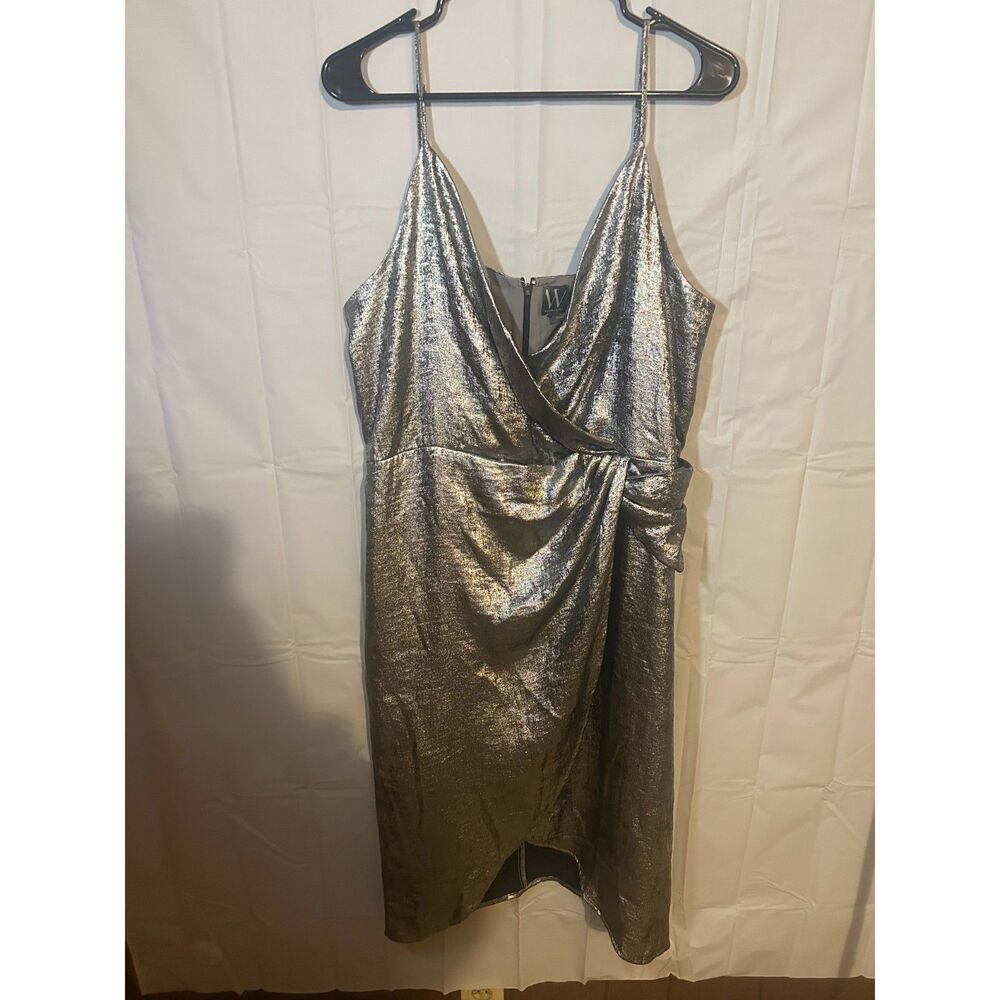 Worthington Metallic Silver Faux Wrap Dress XL Sleeveless Tulip Hem Cocktail